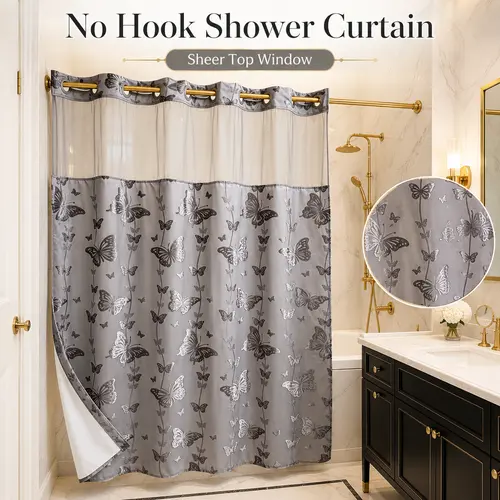 Silver-gray butterfly flocked double-layer hookless shower curtain with sheer top window, no-drill quick installation, easy to remove and clean, suitable for hotels, homestays, and modern home bathrooms, 71 × 74 inches