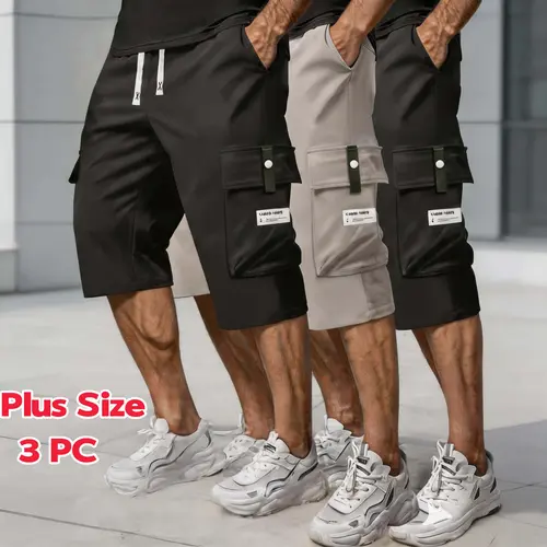 3-Pack Spring GlowUp! Men's Plus Size Cargo Shorts 2026 Summer Must-Have Loose Fit Shorts with Drawstring Waist & Multi-Pockets, Perfect for Gym, Streetwear & All-Day Casual Wear