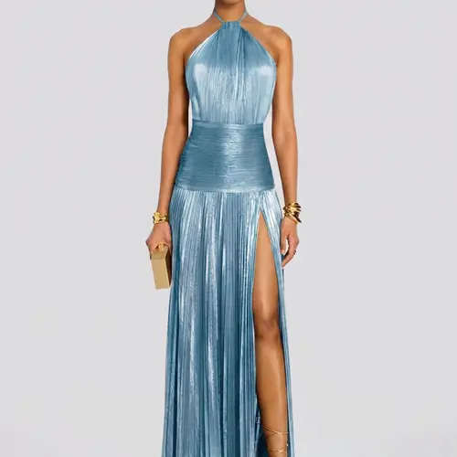 LikeMyChoice 2026 Light Blue Halter Metallic Pleated Maxi Dress | Bridal & Formal Party Gown with Slit