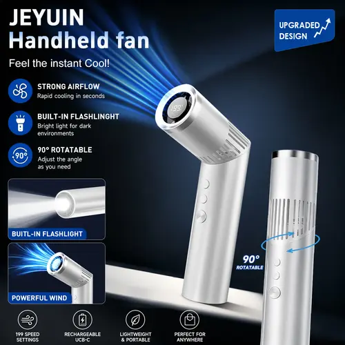 JEYUIN Classic Portable Handheld Lithium Battery Fan (Pre-Sale) - 3000mAh Built-In Cells, USB Port Rechargeable, Adjustable Speeds, Lightweight Pocket Size, Flashlight, Wireless, for Commuters, Office Use, Fan Portable