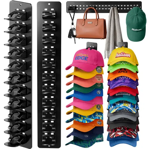 2 Pack Detachable DIY Baseball Cap Organizer Shelves - Mountable Hanging Hat Rack for Wall, Closet Door, Bedroom - Decor Piece Holds Up to 22 Hats (c-black)