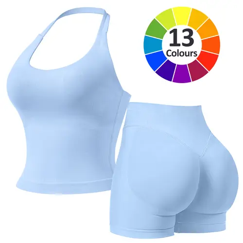 Women's Solid Color Halter Top & High Waist Shorts Sports Set, Sporty Breathable Quick Drying Outfits for Yoga Gym Fitness Running, Ladies Sportswear for Summer, Workout Clothes, Workout Gym Clothing, Athletic Sports Clothing, Athleisure Wear