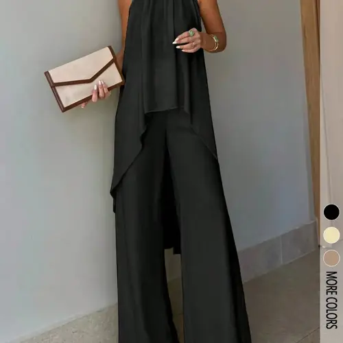 2-Piece Elegant Chic Casual Party Set, Asymmetric-Hem Halter-Neck Sleeveless Top & Wide-Leg Pants, Women's Vacation & Date Outfit, Spring/Summer