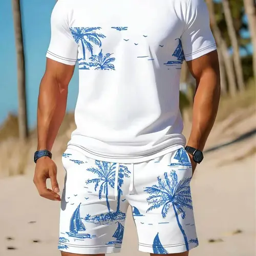 Men's Summer Set Short Sleeve Fitted Tee + Matching Printed Beach Shorts, Blue Palm Sail Tropical Pattern, Casual Vacation Vibe Two-Piece Casual Clothing Set, Menswear