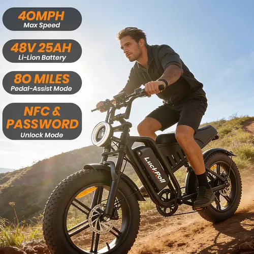 2000W Peak Moped-Style Fat Tire Electric Bike for Adults, Up to 40 MPH MAX Speed, Full Suspension All-Terrain Ebike, 48V 25Ah (1200Wh) Removable Battery, Up to 80-Mile PAS Range, 20×4" Fat Tires, NFC Smart Unlock, TÜV Certified to UL 2849 Safety Standard