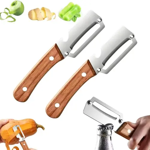 Buy 1 get 1 free!!!2 Pack Premium 2-in-1 Multi Functional Vegetable and Fruit Peeler with Bottle Opener, Wooden Handle, Stainless Steel Blade-Zero Snag, Smooth Glide Kitchen Tool for Potato, Carrot,Sugar Cane and More