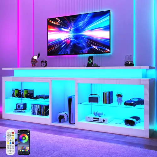 80.7"/71" LED TV Stand with Power Outlet,60-Colors LED Lights For 65 70 80 85 90in TV,High Gloss Gaming Entertainment Center w/Adjustable Shelves,White TV Console with Modern Design for Living Room Bedroom