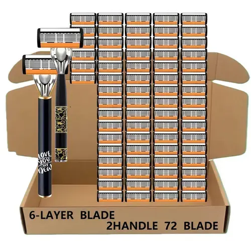 Men's Six-Layer Safety Shaving Razors Set, 72 Replacement Blades, Two Handles, Gentle on Sensitive Skin, Smooth & Easy Shave for Thick Rugged Beards