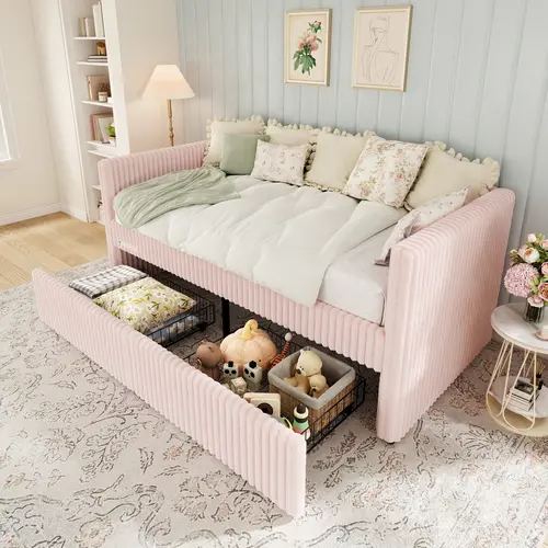 ALBOTT Twin Size Corduroy Upholstered Storage Bed Frame - Stable, Pull Out Daybed with 2 Storage Drawers, Bedside Pocket, USB Port Charging Function, Night Light, for Living Room, Bedroom, No Box Spring Needed [tiktokshopbacktoschool][SohoChic]