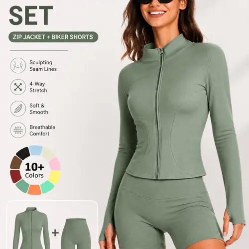 Women's Training Jacket and High-Waisted Shorts Set, Sports wear set, Sporty Slim-Fit, Quick-Dry, Solid Color, Yoga, Gym, Running, Casual Workout Clothes, Workout Sets