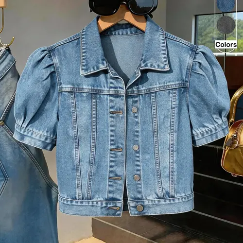 Women's Vintage Short Bubble Sleeve Collared Denim Jacket Coats, Casual Chic Outerwear, Versatile Single Button High Waist Crop Top, Essential Casual Fashion for Summer Commute & Leisure