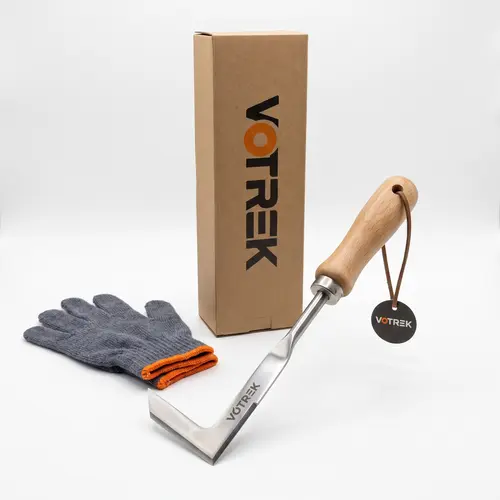 VOTREK 3-Edge Blade Sidewalk Crack Weeder, Stainless Steel Weed Remover with 13inch-Beech Wood Handle & Steel Collar, Driveway Edge Clean Cracks Tool for Narrow Gaps, Gardening Gloves Included