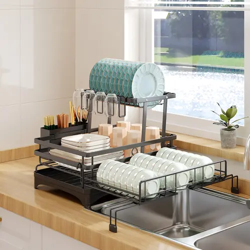 Foldable Over-Sink Steel Dish Drying Rack, Pull-Out 2-Tier Drainer with Utensil Holder, Space-Saving Adjustable Removable Tray Expandable Standing Kitchen Organizer for Small Kitchens