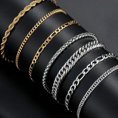 7-Piece Stainless Steel Men's Bracelet Set, Bracelet Combination Set, Bracelet Stack, Stacked Bracelets, Cuban Link Bracelet, Fashion Streetwear Hip-Hop Simple Cuban Chain, Daily Party Gift for Boyfriend Son Birthday Father's Day, Cuban Chain Bracelets