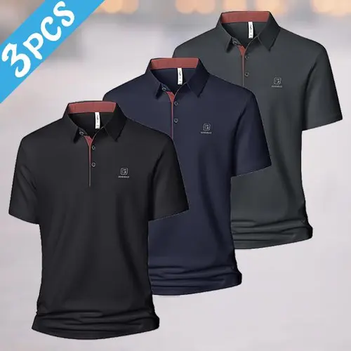Men’s Basic 3-Pack Sporty Chic Polo Shirts - Contrast Collar, Quick Dry Fabric, Ideal for Golf, Smart Casual Style