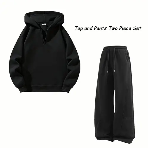 Men's 2-Piece Multifunctional Sportswear Set - Hooded Zip Top Half-Zip Sweatshirt + Wide-Leg Jogging Pants, Solid Athletic Clothing, Gym Stuff, Trendy Sweatshirts, Comfy College Clothes, Two Piece Set, Matching Sets