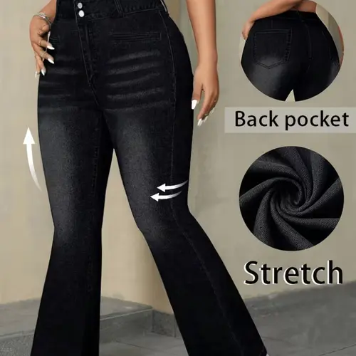 Women's Plus Size High Waist Vintage Washed Denim Jean Basic Flared Pants, Fabric, Everyday Fashionable Commuter Wear, Versatile Four-Season Casual Style, Trendy and Comfortable, Bottom