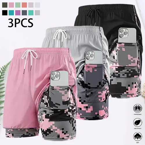 Women’s casual athletic shorts, faux two-piece design, with lining, elastic drawstring waist, suitable for casual wear and outdoor activities; women’s shorts, summer shorts