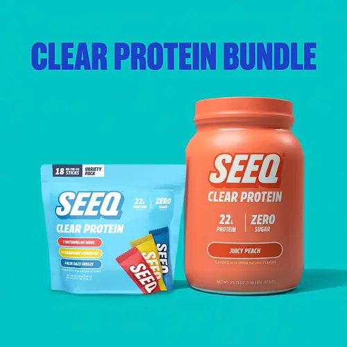 SEEQ Clear Protein Bundle - Juicy Peach 22g Tub and 18 Count Variety Pack - 22g Whey Isolate Per Serving - Zero Sugar & 0 Lactose - Post Workout Fitness Nutrition - On-The-Go Sticks