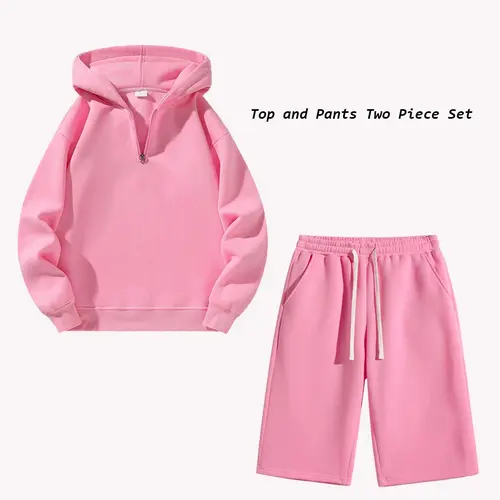 Men’s 2-Piece Male Clothing Set - Quarter-Zip Hooded Polyester Sweatshirt, 3/4 Athletic Wide-Leg Shorts, Slim Fit, Adjustable Drawstring Elastic Waistband, Solid Color Summer Streetwear