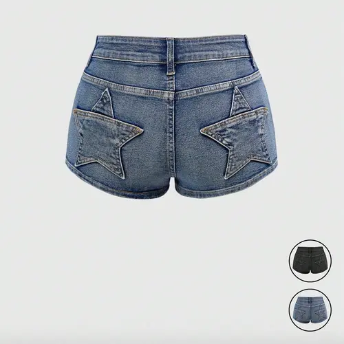Women's Casual Retro Vibe Low-Rise Super Short Butt Pocket Star Patch Low Waist Denim Shorts, Y2K Stretch Denim Shorts, Comfortable and Stylish Summer Bottoms, Perfect for Daily Wear and Leisure Activities