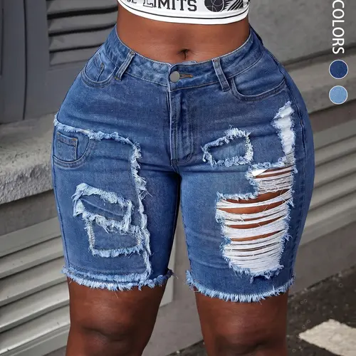 Women's Casual Washed Vintage Ripped Elastic Denim Shorts, Solid Color Distressed Frayed Skinny Fit Denim Shorts, Comfortable, Stylish and Aesthetic Design Summer Bottoms, Perfect for Daily Wear, Distressed Jean Shorts