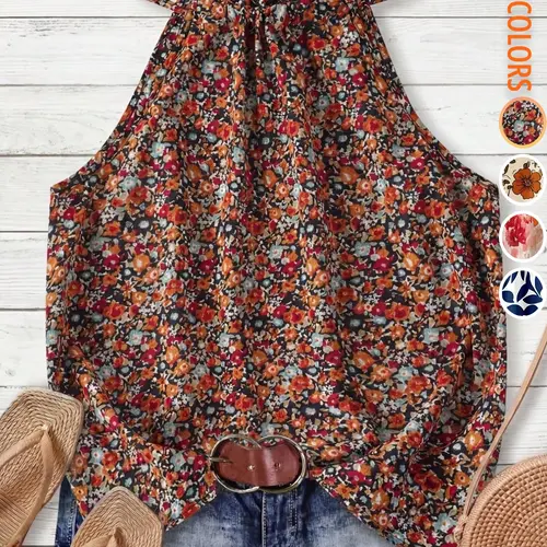 【Back to School Outfits】Women's Ditsy Floral Casual Elegant Commuter Halter Neck Drawstring Tie Shirt T-Shirt, Comfortable and Stylish Daily Wear Top