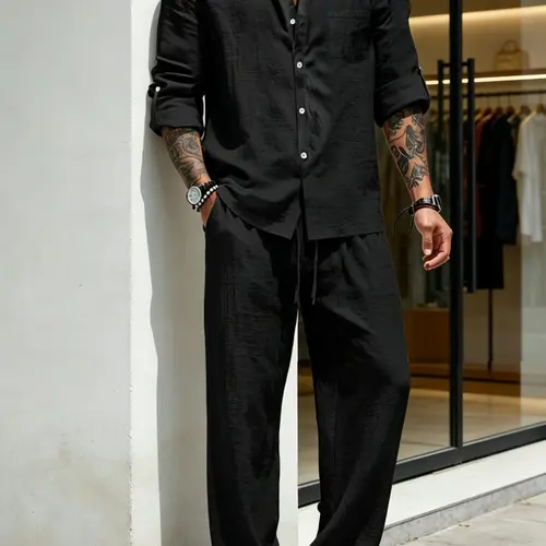 Men's Linen Stand Collar Long Sleeve Button Shirt and Tie Waist Pants Outfits Set, Lightweight Business Casual Formal Resort Style, Essential Men's Wardrobe