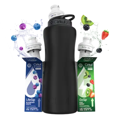 Cirkul® 32oz. Matte Black Metal Water Bottle Starter Bundle: GoSip® Kiwi Berry & LifeSip® Blueberry Grape, Zero Sugar Hydration
