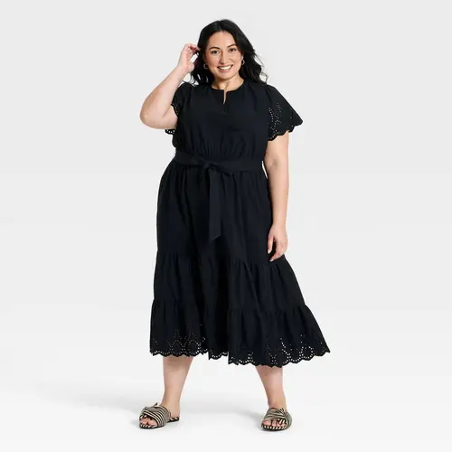 Women's Short Flutter Sleeve V-Neck Front Tiered Eyelet Midi Dress - Ava & Viv