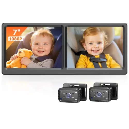 Baby Car Camera for 2 Kids, 7 Inch HD 1080P Split Screen Dual Car Camera Baby Monitor, 150° Wide View with 2 IR Night Vision, Easily Install with Crystal Clear Wide View
