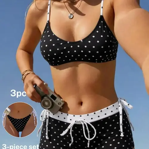 Vintage Polka Dot Women's Sexy Bikini U-Neck Halter Swimsuit with Tie Back Shorts, Summer Beach Resort Fashion Swimwear, Beachwear Swimsuit, Swimwear Sets