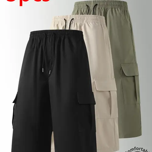 Pack of 3 men’s cargo shorts: three-quarter shorts with side pockets, drawstring waist, running/sports shorts that are breathable and comfortable. Suitable for summer daily commuting and work, outdoor running, holiday leisure. Simple solid colors that are
