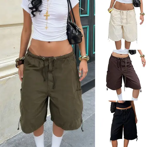 Women Fashion Denim Shorts Solid Color Six Pockets Drawstring Elastic Waist Jeans Shorts Summer Oversized Cargo Shorts