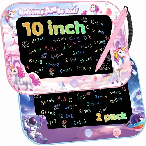 Unisex 2-Pack 10" Digital LCD Tablet Drawing Toy - Unicorn & Astronaut Designs, Eye Care, Anti-Lost Lanyard, 1-Click Erase, Primary Batteries, With Lock, Stylus Stays Put, Stylus Holder, Toddler Educational Toy For Quiet Car Rides, Boosts Creative Skills