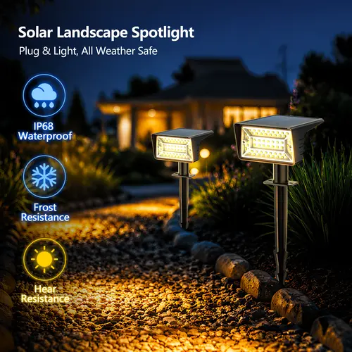 KEXU 2-Pack Warm White Solar Outdoor Spotlights - IP68 Waterproof 56 LED Solar-Powered Lights with 3 Lighting Modes, Adjustable Head, Medium Brightness, Extreme Temperature Resistant Led Decking & Patio Lighting for Garden Landscape, Solar Spotlights Outd