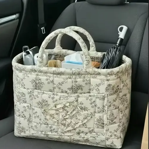 Traditional Square Collapsible Storage Basket - Quilted Fabric Organizer with Handles, Foldable Floral Multi-Purpose Bin for Clothes Toys, Space-Saving Home Decor for Nursery Closet, Easter & Mother's Day Gift Option, Collapsible Storage Baskets