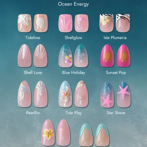 BTArtbox Press On Nails - Ocean Energy Short Press On Nails with Glue for Women, Square or Almond Opaque Soft Gel Glue On Nails in 16 Sizes - 32 Stick On Nails Kit