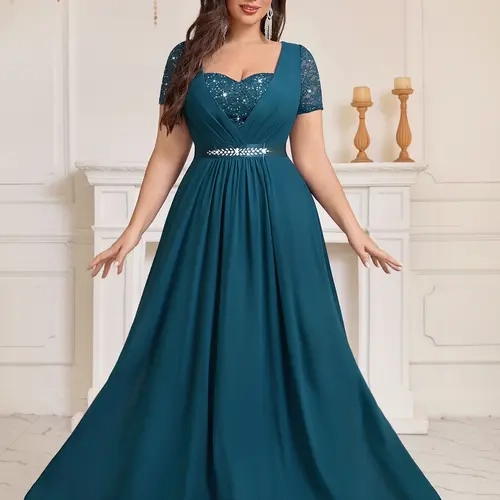 【Plus Size】MISSMAY P25737A Women's Plus Size Sweetheart V Neck Sequins Lace Contrast Rhinestones Ribbon Waist Chiffon Prom Formal Dress For Bridesmaid Event Formal Party Occasions