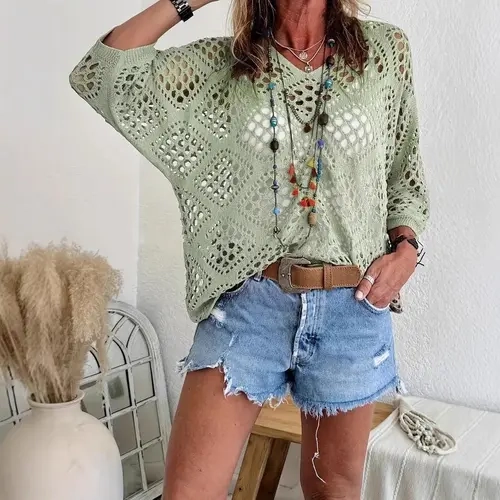 Women's DC DUMPECCI Knitwear Pullover - Airy Crochet V-Neck Hollow Out Lightweight Cottagecore Blouse, Breathable Summer Work Dating Top