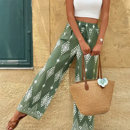 Women Casual Elastic Waist Drawstring Wide Leg Trousers With Geometric Pattern Print Relaxed Fit Vacation Everyday Street Wear Fashion Pants