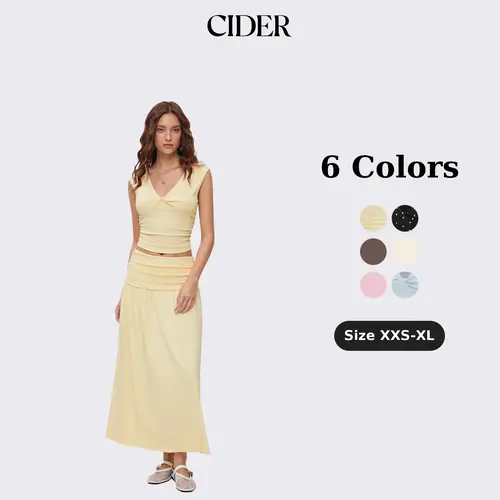 Cider Elegant Vacation V-Neck 2-Piece Set for Beach Holiday, Elegant 2-Piece Outfits, Ladies Ruched Top, Maxi Skirt Set, Vintage Lady Blouse