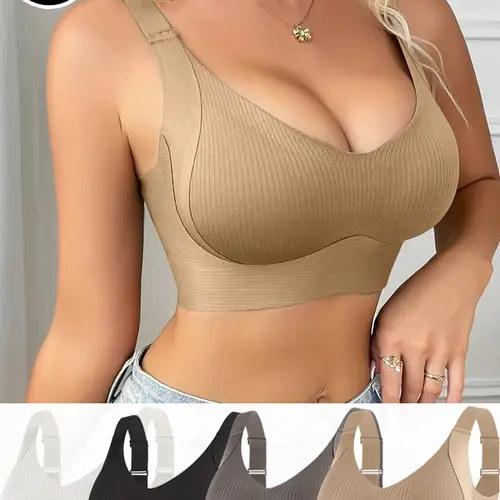 4pcs Women's Seamless Wireless Bras V-Neck Full Coverage Back Smoothing High Stretch Breathable Adjustable Straps Removable Pads Light Support Comfortable Everyday Bras for Yoga Daily Wear