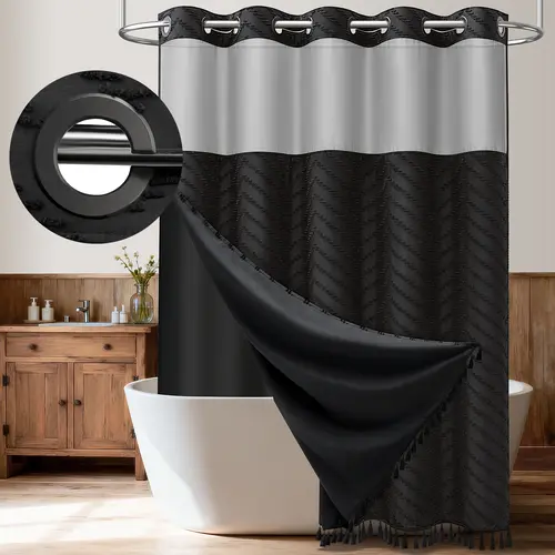 Hook-Free Boho Farmhouse Tufted Chevron Striped Tassel Shower Curtain with Snap-In Magnetic Liner, Chevron Textured, Sheer Window, Waterproof 3-in-1 Set