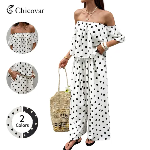 Chicovar Women's Polka Dot Off Shoulder 2 Piece Set, Puff Sleeves Cropped Top, High Waist Wide Leg Pants with Pockets, Lined, Slimming, Casual, Date, Beach Vacation Outfit Sets, Lounge Sets, Summervibes,sohochic