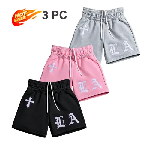 Men’s LA Cross Embroidered Baggy Sweat Shorts - Men's Bottoms, Streetwear-Inspired, Double Elastic Waist, Loose Fit, Breathable Quick-Dry Tech Fabric, Casual Summer Gym Athletic Bottoms, Thick Grey Embroidery Outdoor Training Shorts, Gym Shorts, Athletic