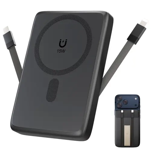 10000mAh MagSafe Magnetic Portable Charger, 15W Wireless & 22.5W Type-C Wired Fast Charging Slim Power Bank with Foldable Stand & Digital Display, Removable Cable, Multiple Device Charging for iPhone 17/16/15/14 Series