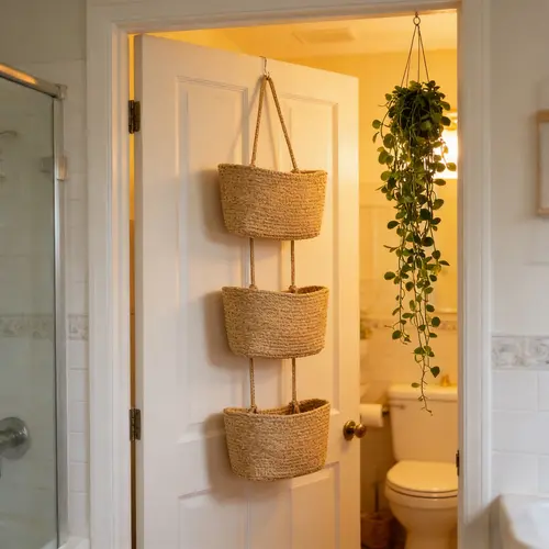 Woven Cotton 3-Tier Over-The-Door Hangable Storage Baskets - Multifunctional Organizing Home Organizer, Decorative Bathroom Organizer, Apartment Accessories for Beauty Essentials（11in）