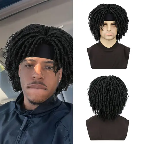 Men’s Synthetic Hair Dreadlock Wig with 6-in Sports Headband, Braided Twists, Twist Curls, Natural Look, Breathable Adjustable Strap, Snug Fit for Hip Hop Rasta Wear, Convenient Wigs