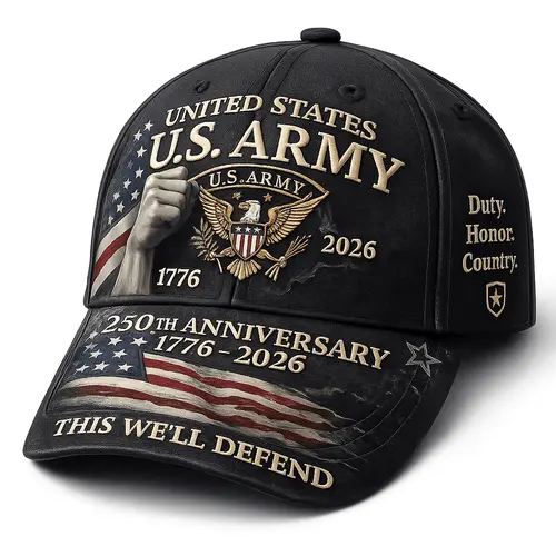 3D Digital Print Lettering Baseball Cap - U.S. Army 250th Anniversary Commemorative Emblem (1776–2026) - "This Is the Land We Defend." A collectible piece suitable for both Army events and everyday wear, featuring a commemorative design dedicated to 250 y